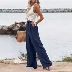 Calça larga de linho de algodão feminina, comprimento total, casual, monocromática, solta, cintura alta, reto, botão, verão - loja online