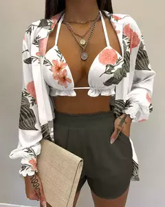 Fato de banho feminino de três peças, moda praia sexy, biquíni de cintura alta, maiô estampado, shorts para cobrir, moda praia de verão, novo 2024 na internet