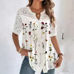 Temperamento casual rendas mulher camisa moda solta camisa mulher elegante manga curta blusa férias fim de semana