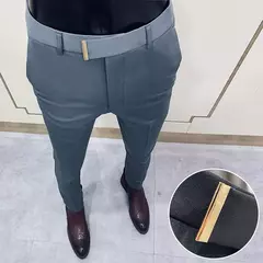 Calça formal de negócios casual masculina, slim fit, cor sólida, terno de festa de casamento, escritório, verão - loja online