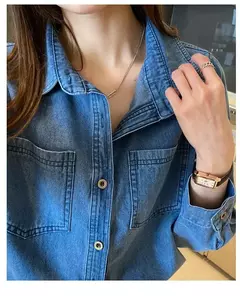 Imagem do Camisa jeans azul retrô feminina, camisa de manga comprida, jaqueta jeans de peito único, camisas monocromáticas, novo design, outono, 2024