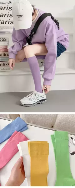 Meias longas e sólidas de cor doce para mulheres, meias na moda, lisos, estilo japonês, altura do joelho, macias, respiráveis, algodão, estudante - comprar online