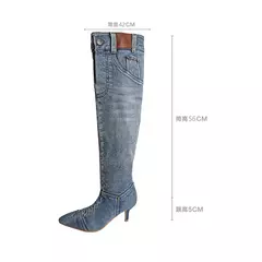 Dedo apontado sobre as botas do joelho para mulheres, bombas de jeans jeans, sapatos sexy estilete, designer de moda, inverno, 2024