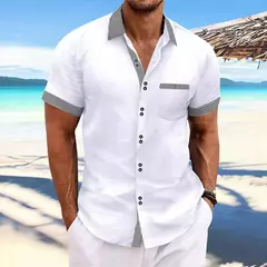Camisa xadrez listrada de manga curta masculina, vestido social, botão para cima, casual de negócios, slim fit - comprar online