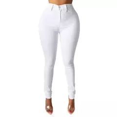 Calça Jeans lavada de cintura alta feminina com zíper, bolsos de botão Fly, lápis jeans monocromático, streetwear