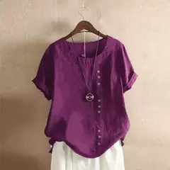 Imagem do Top feminino de algodão e linho verão casual solto botão manga curta cor sólida pulôver blusa femme blusas