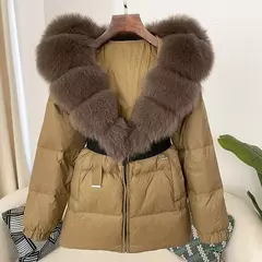 Oftbuy 2024 jaqueta de inverno feminina gola de pele de raposa natural real com capuz grosso quente 90% pato branco para baixo casaco feminino streetwear casual - loja online