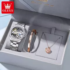OLEVS Relógio Mecânico Automático para Mulheres, Relógio Transparente, Big Dial Design, Bracelet Set, Presente de Luxo, 40mm, 6699