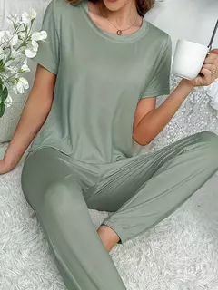 Pijama feminino casual de duas peças, calça manga curta, elegante roupa de casa, cor sólida, novo estilo na internet