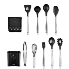 Conjunto de utensílios de cozinha de silicone com cabo oco de aço inoxidável, 12 peças, barril de armazenamento, colher de cozinha, batedor de ovos - Wolf Magazine