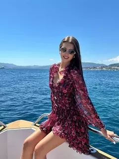 Mini vestido de babados estampado para mulheres, gola V elegante, mangas compridas, vestidos curtos finos, streetwear feminino, moda verão, 2024 - loja online