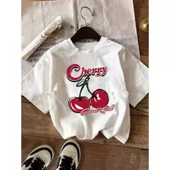 Camiseta feminina branca de manga curta com gola redonda, camisa de algodão confortável, camiseta casual, estampa cereja, adequada para o verão, nova, 2024 - comprar online