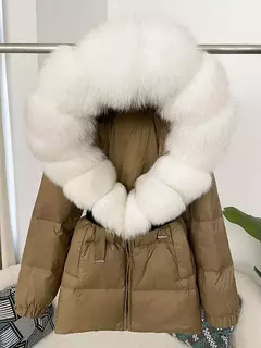 Oftbuy 2024 jaqueta de inverno feminina gola de pele de raposa natural real com capuz grosso quente 90% pato branco para baixo casaco feminino streetwear casual - Wolf Magazine
