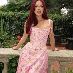 Vestido elegante com estampa floral vintage feminino, gola quadrada, sem mangas, fenda espartilho, vestidos de baile, roupas de verão, streetwear - Wolf Magazine