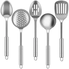 Utensílios de cozinha de aço inoxidável com alça ergonômica, Espátula resistente, Utensílios de colheres laváveis, Cozinha, 5pcs - Wolf Magazine