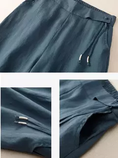 Calça de perna larga feminina, cintura alta elástica, algodão e linho, calça casual, calça reta solta, retrô artística, amarela, verão na internet