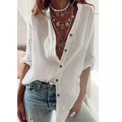 Camisa de linho de algodão feminina, monocromática, casual, solta, botão, decote em v, manga comprida, viajante, moda verão - Wolf Magazine