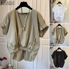 Imagem do ZANZEA-Blusa de manga curta feminina, tops elegantes, gola em O, camisa monocromática OL, tops casuais femininos, soltos, festa, moda, verão