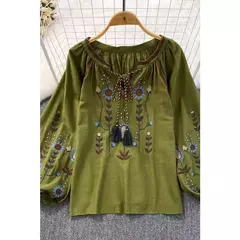 Blusa Bordada Manga Lanterna Longa com Decote V para Mulheres, Moda Casual, Camisas Vintage, Tops Femininos Minoritários, Drop Shipping, Outono