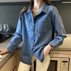 Camisa jeans azul retrô feminina, camisa de manga comprida, jaqueta jeans de peito único, camisas monocromáticas, novo design, outono, 2024