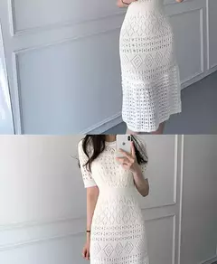 Vestido de malha de manga curta feminino, seda gelada, branco, oco Fashion, Celebridade Linha A, Verão, Novo, 2024 - comprar online