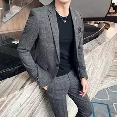 (Blazer + calças) high-end marca formal negócios xadrez terno dos homens noivo vestido de casamento cor sólida palco desempenho smoking S-7XL