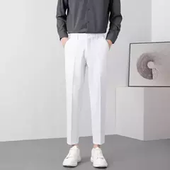 Calça masculina de seda fria fluida, calça masculina de negócios para verão, esfriamento folgado, alfaiataria social, 9 calças recortadas, verão