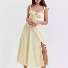 Vestido de verão estampado floral, Laço frontal feminino, Gola quadrada, Vestido de coxa dividido, Cinta de praia, Vestido de noite, Novo