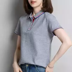 Camisa polo feminina de algodão solto, manga curta, blusa esportiva casual com lapela, camisa de negócios preto e branco, verão feminino - loja online