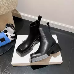 Mulheres de couro genuíno botas nuas novo salto grosso chelsea botas dedo do pé quadrado botas curtas de salto alto designer moda feminina botas na internet