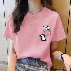 Camiseta estampada dos desenhos animados das mulheres, top de manga curta, bolso, panda, solta, gola redonda, moda coreana, verão, nova - loja online