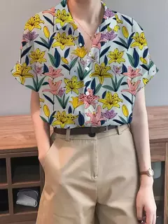 Camisa feminina colorida em 3D com estampa floral, tops de manga curta, botão, gola elegante, primavera e outono, 2024 na internet