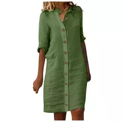 Saia Midi de Algodão Elegante Feminino, Vestido Casual, Manga Curta, Comprimento Médio, Decote V, Lady Robe, Vestidos de Verão, S-XL, 2022 - loja online