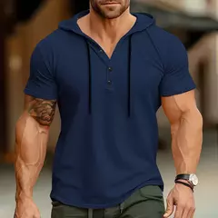Esportes Fitness masculino com capuz camiseta de manga curta, blazer de verão, camisa americana Henry, comércio exterior - comprar online