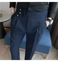 Calça de cintura alta estilo britânico masculina, justa, calça formal de escritório, social, festa de casamento, fato de vestido, calça, casual - Wolf Magazine