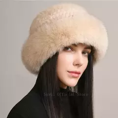 Chapéu de pele de vison genuíno para mulheres gorro de malha natural de luxo chapéu de malha artesanal pele de raposa real moda inverno quente, novo na internet