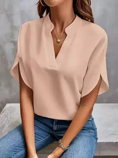 Blusa feminina elegante de manga curta com decote em v, camisa solta de cor sólida, tops brancos casuais, senhora do escritório, nova, verão