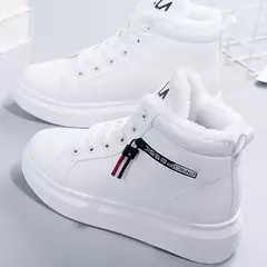 Botas de pelúcia quente PU para mulheres, sapatos de inverno, apartamentos, rendas, botas de neve curtas, senhoras, 2022 - loja online
