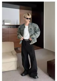 Jaqueta jeans de rua masculina, vintage lavada, jaqueta de caubói angustiada, streetwear casual, primavera, novo, estilo americano, zíperes