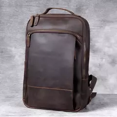 Mochila de couro genuíno para homens, cavalo louco vintage mochila para laptop grande mochila diária mochila de viagem mochila para caminhadas