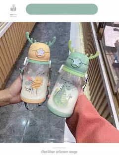 Imagem do Garrafa de água Deer Horn para crianças, grande capacidade, copo de palha de plástico, estudante, menina kawaii, crianças, desenhos animados, 500ml