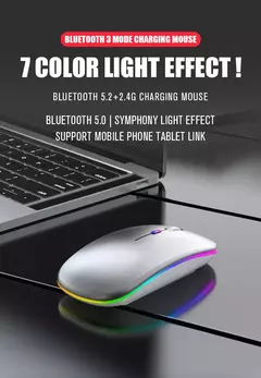 Mouse sem fio Bluetooth para Tablet e telefone, Ratos de retroiluminação RGB recarregáveis para iPad, PC, Laptop, 2.4GHz USB