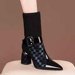 Botas femininas de salto alto, sapatos femininos, salto grosso, tecido elástico, zíper, moda feminina, inverno, novo, 2023 - loja online