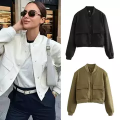 Jaqueta Bomber Cropped feminina, Casaco de manga comprida, Beisebol de botões, Casaco Aviador, Preto, Branco, Outono, Inverno - Wolf Magazine