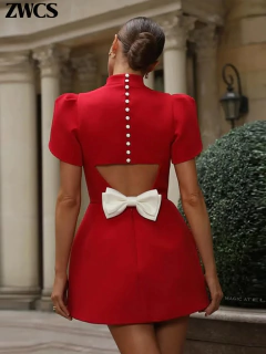 Mini vestido de nó de costas vermelho feminino, elegante com decote em O, manga curta, vestidos A, vestido feminino, nova moda, 2024 - comprar online