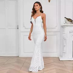 Vestido Maxi Lantejoula Branco Feminino, Vestido Sexy Strap, Vestido de festa longo - Wolf Magazine