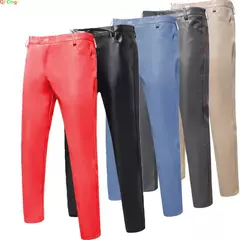 Calças finas de couro PU para homens, calças novas, vermelho, azul, preto, cinza, branco, 2023 - loja online