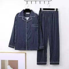 Conjunto de pijama de seda leite confortável masculino, loungewear elegante, estampa xadrez listrada, lapela combinando cores, pijama longo de peito único, outono e inverno - comprar online