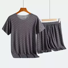 Pijama de seda gelo estampado masculino, camiseta de manga curta, calça fina, conjunto de moda casual modal, verão