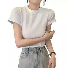Blusa elegante de manga curta feminina, camiseta feminina slim fit elegante, pulôver macio com o pescoço, streetwear monocromático, top elástico - Wolf Magazine